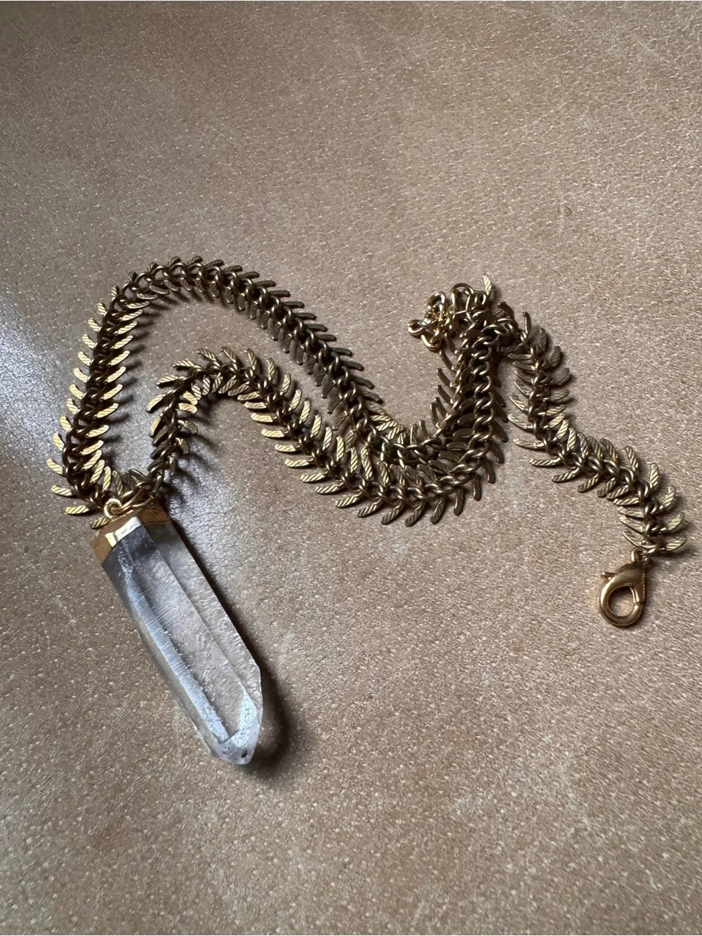Crystal Quartz pendant necklace gold brass Fishbone chain